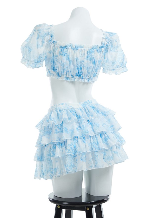 Traje de baño retro de dos piezas Vintage Elegante Bikini Azul Floral Traje de baño con cobertor y falda