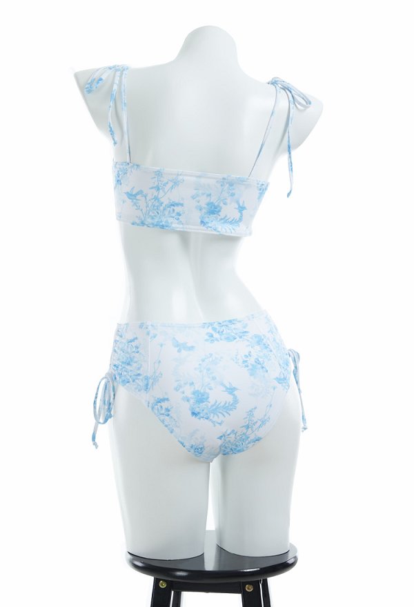 Traje de baño retro de dos piezas Vintage Elegante Bikini Azul Floral Traje de baño con cobertor y falda