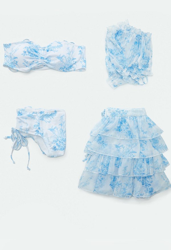 Traje de baño retro de dos piezas Vintage Elegante Bikini Azul Floral Traje de baño con cobertor y falda