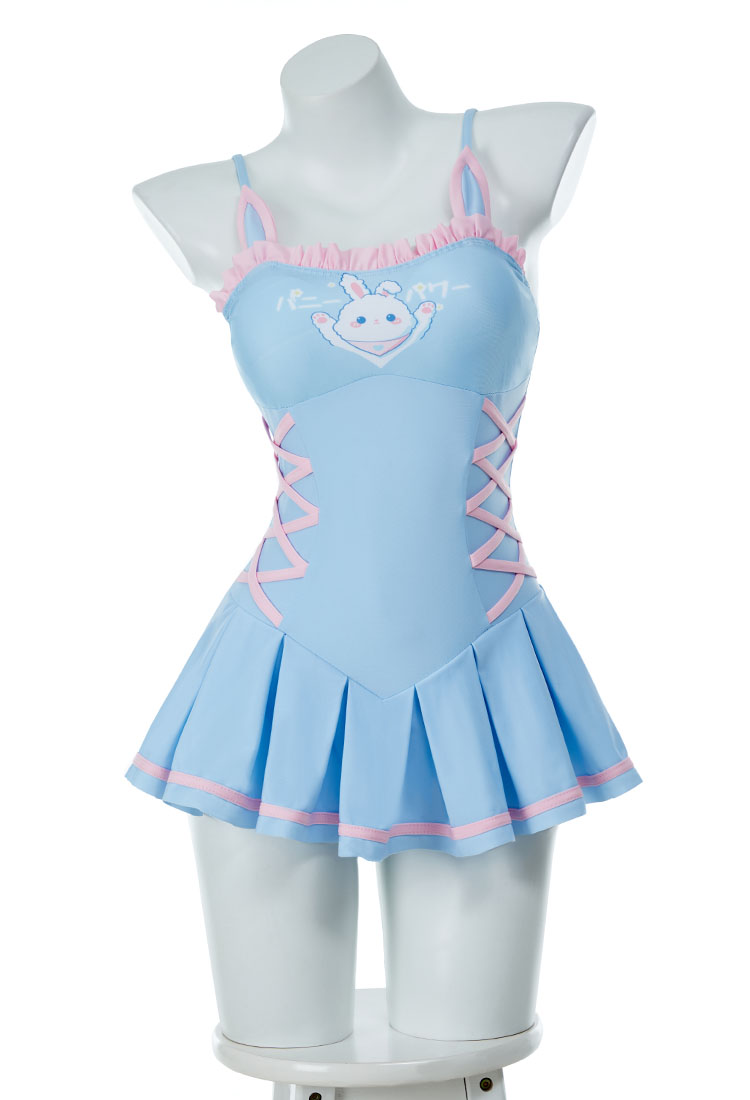 Traje de baño de una pieza con estampado de conejitos Kawaii Traje de baño con volantes azules Vestido de baño con control de abdomen