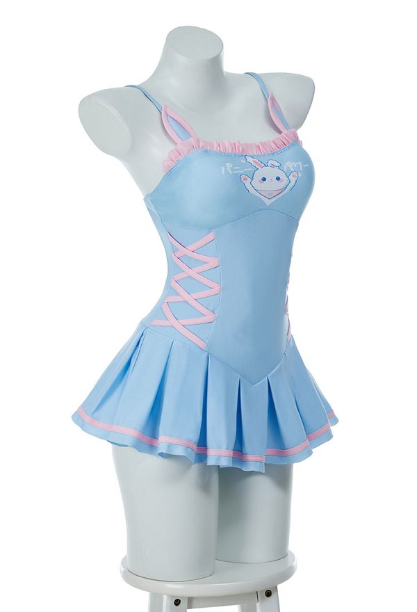 Cute Bunny Pattern One Piece Swimsuit Kawaii Blue Ruffle Bathing Suit Tummy Control Swim Dress