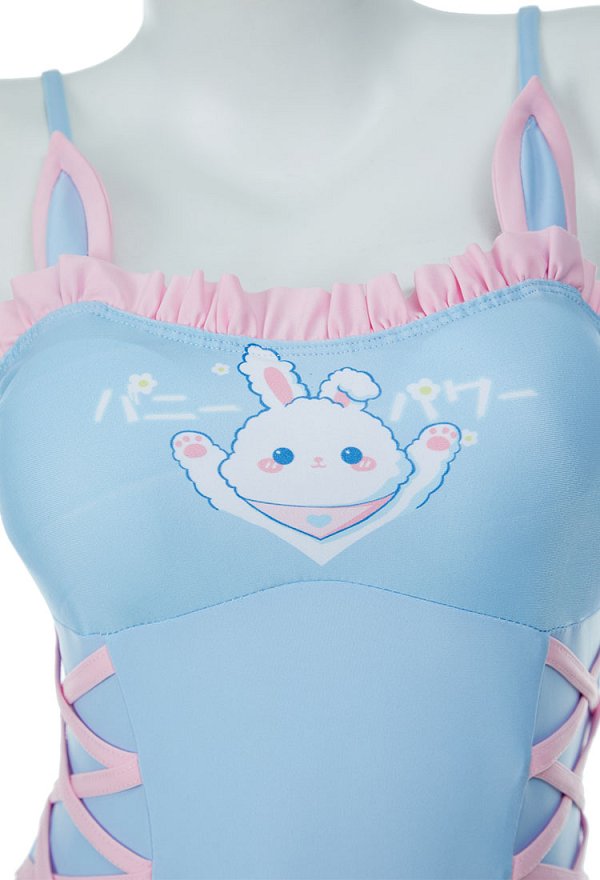 Cute Bunny Pattern One Piece Swimsuit Kawaii Blue Ruffle Bathing Suit Tummy Control Swim Dress