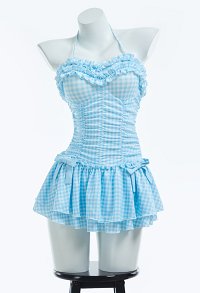 Traje de baño de una pieza de cuadros azules retro vintage Traje de baño de control de abdomen con volantes y pinza para el pelo