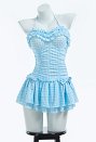 Traje de baño de una pieza de cuadros azules retro vintage Traje de baño de control de abdomen con volantes y pinza para el pelo