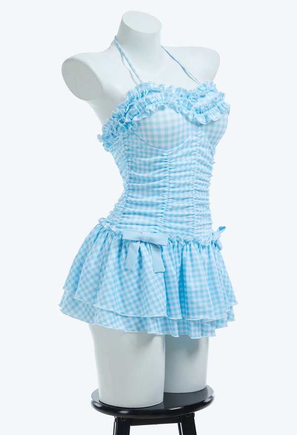 Traje de baño de una pieza de cuadros azules retro vintage Traje de baño de control de abdomen con volantes y pinza para el pelo Traje de baño de una pieza de cuadros azules retro vintage Traje de baño de control de abdomen con volantes y pinza para el pelo