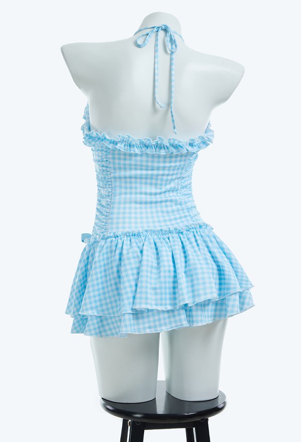 Traje de baño de una pieza de cuadros azules retro vintage Traje de baño de control de abdomen con volantes y pinza para el pelo Traje de baño de una pieza de cuadros azules retro vintage Traje de baño de control de abdomen con volantes y pinza para el pelo