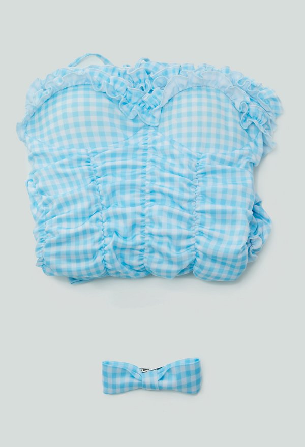 Traje de baño de una pieza de cuadros azules retro vintage Traje de baño de control de abdomen con volantes y pinza para el pelo Traje de baño de una pieza de cuadros azules retro vintage Traje de baño de control de abdomen con volantes y pinza para el pelo