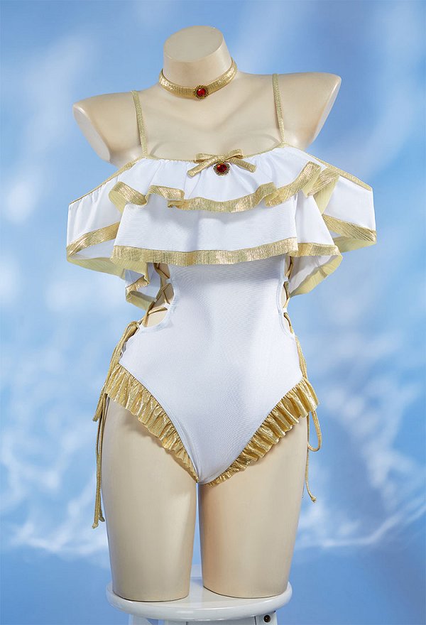 Friren Derivative One Piece Badeanzug Kreuzträgern Hohl Rüschen Swimsuit Bodysuit Chiffon Wickelrock