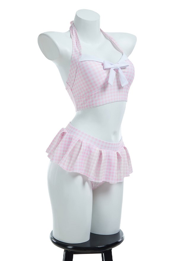 Traje de baño de dos piezas retro vintage rosa y blanco a cuadros Bañador halter con cinta para el pelo
