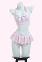 Traje de baño de dos piezas retro vintage rosa y blanco a cuadros Bañador halter con cinta para el pelo Traje de baño de dos piezas retro vintage rosa y blanco a cuadros Bañador halter con cinta para el pelo