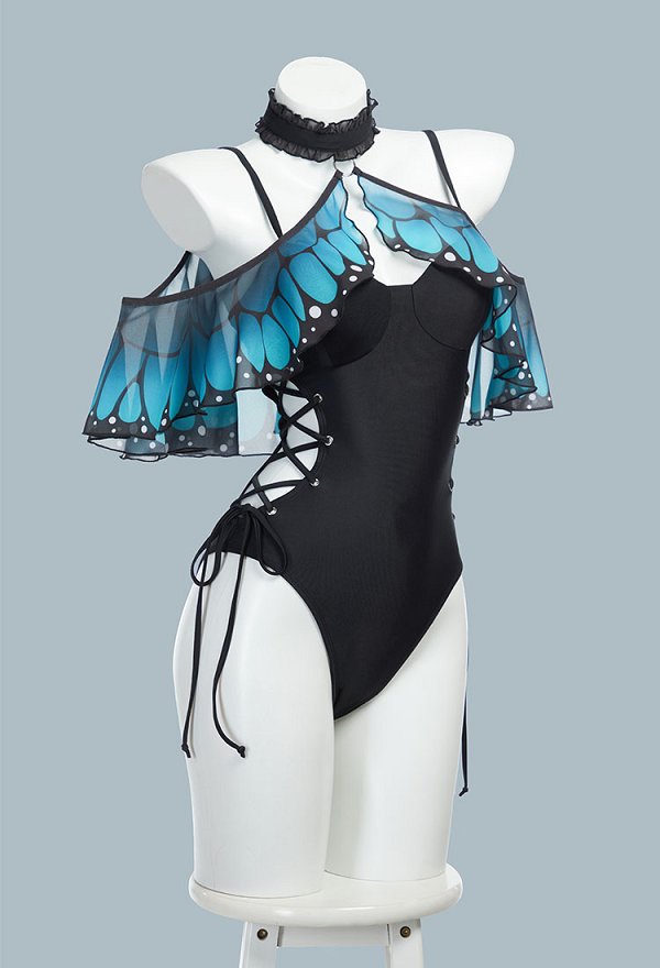 Vintage Retro Traje de baño de mariposa azul mágico de una pieza con tirantes cruzados control de abdomen y chal