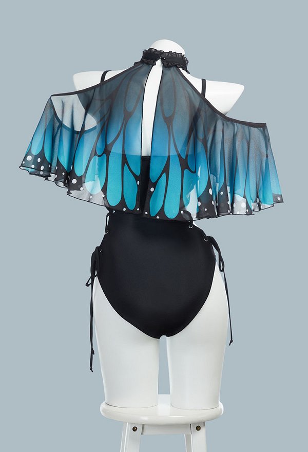 Vintage Retro Traje de baño de mariposa azul mágico de una pieza con tirantes cruzados control de abdomen y chal