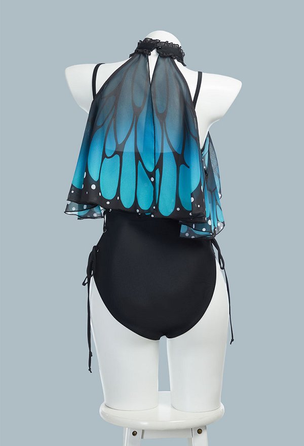 Vintage Retro Traje de baño de mariposa azul mágico de una pieza con tirantes cruzados control de abdomen y chal