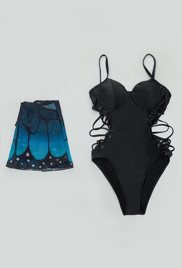 Vintage Retro Traje de baño de mariposa azul mágico de una pieza con tirantes cruzados control de abdomen y chal