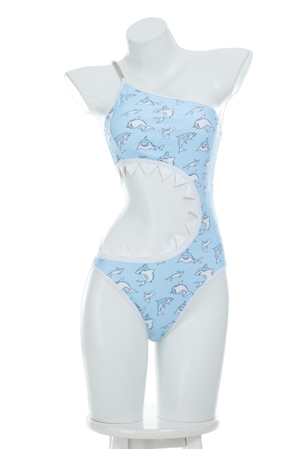 Disfraz de Cosplay Traje de baño de una pieza con estampado de tiburoncitos Traje de baño de un hombro con recorte Disfraz de Cosplay Traje de baño de una pieza con estampado de tiburoncitos Traje de baño de un hombro con recorte