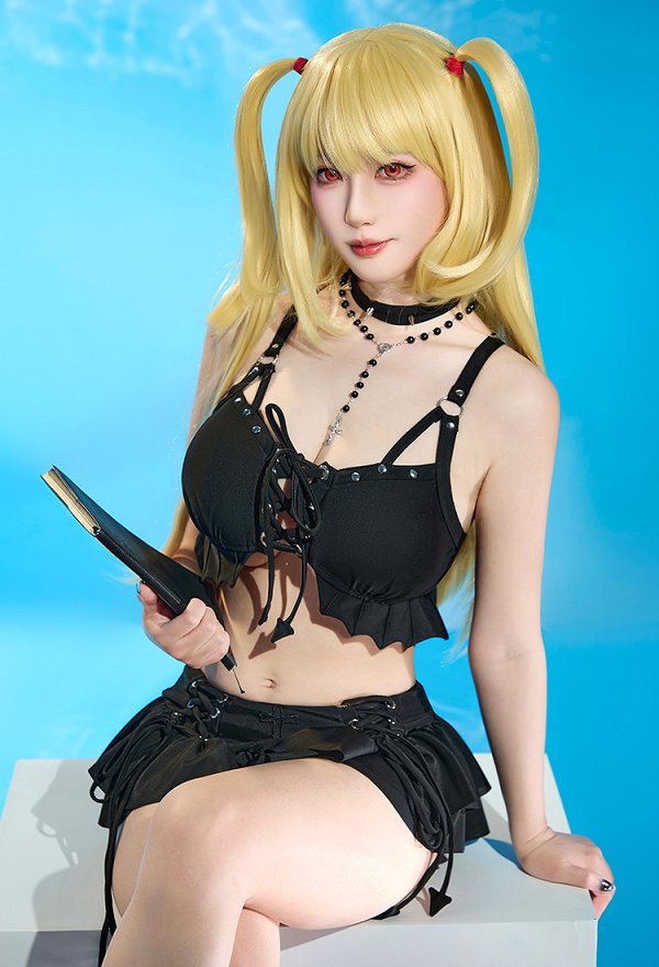 Misa Derivative Two-Piece Swimsuit Bikini Set Cross Lace-up Halter Top Skirt Bathing Suit with Cross Necklace Choker