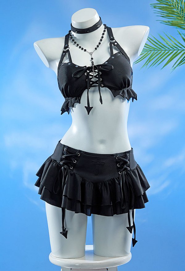 Misa Derivative Two-Piece Swimsuit Bikini Set Cross Lace-up Halter Top Skirt Bathing Suit with Cross Necklace Choker