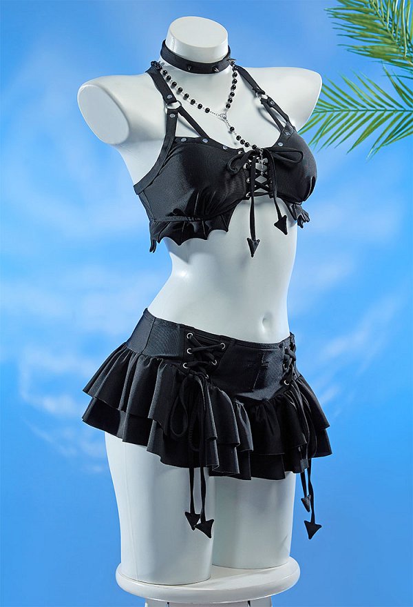 Misa Derivative Two-Piece Swimsuit Bikini Set Cross Lace-up Halter Top Skirt Bathing Suit with Cross Necklace Choker