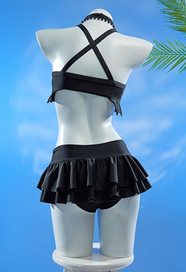 Misa Derivative Two-Piece Swimsuit Bikini Set Cross Lace-up Halter Top Skirt Bathing Suit with Cross Necklace Choker