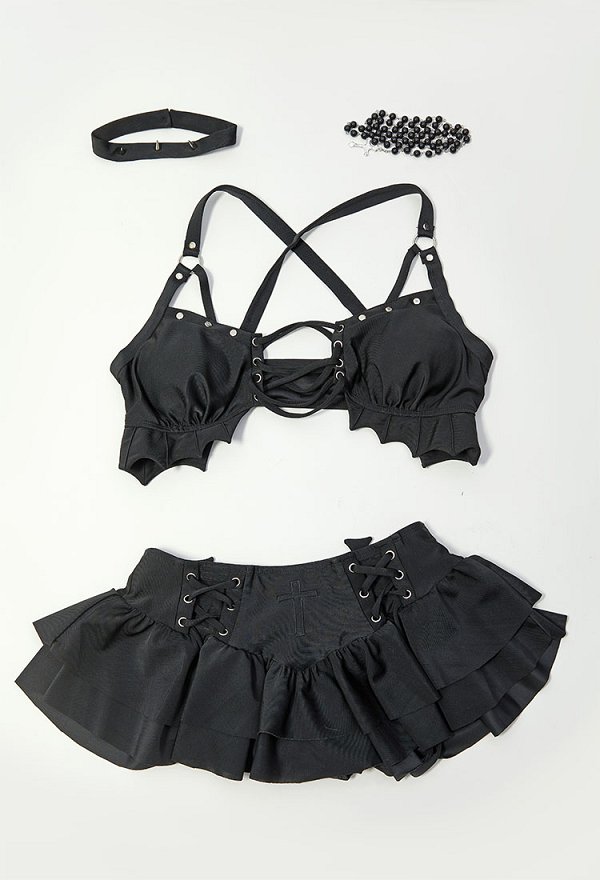 Misa Derivative Two-Piece Swimsuit Bikini Set Cross Lace-up Halter Top Skirt Bathing Suit with Cross Necklace Choker