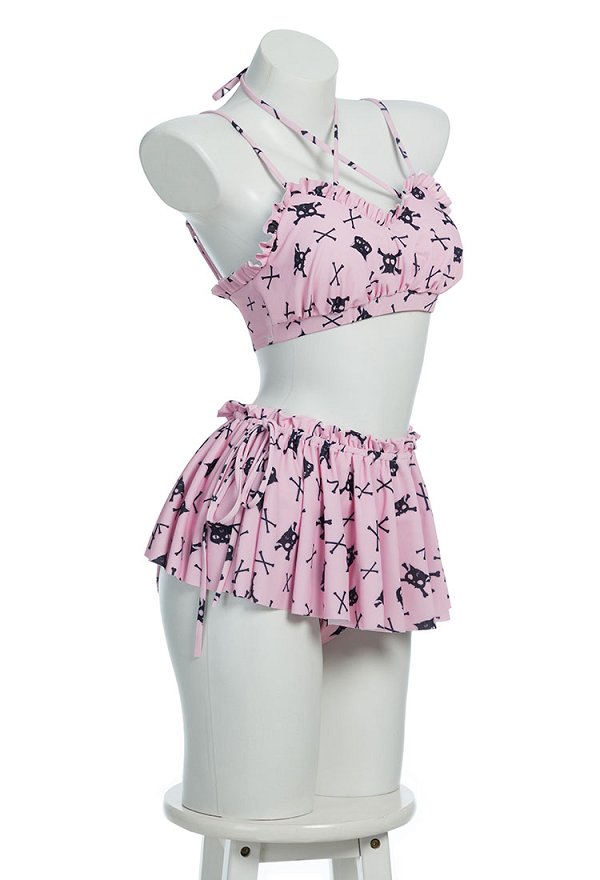 Gothic Pink Cat Skull Two Piece Swimsuit Halloween Neckholder Rosa Katze Bikini Badeanzug