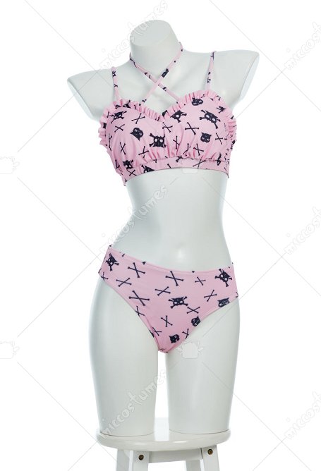 Gothic Pink Cat Skull Two Piece Swimsuit Halloween Neckholder Rosa Katze Bikini Badeanzug