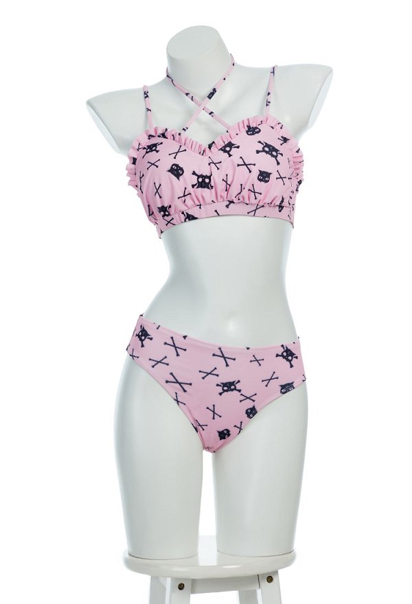 Gothic Pink Cat Skull Two Piece Swimsuit Halloween Neckholder Rosa Katze Bikini Badeanzug