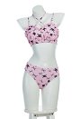 Gótico Traje de baño con calavera de gato rosa bikini con cuello halter de dos piezas