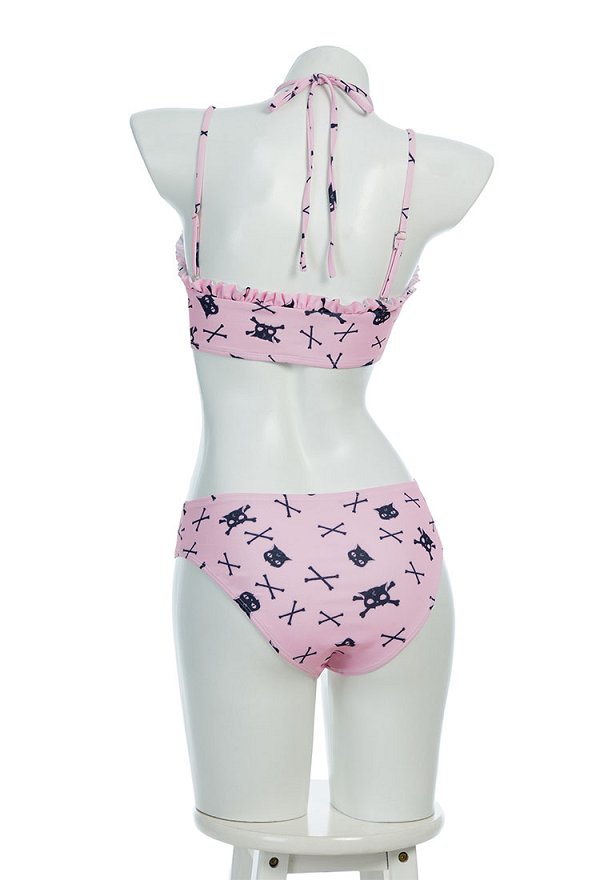 Gothic Pink Cat Skull Two Piece Swimsuit Halloween Neckholder Rosa Katze Bikini Badeanzug