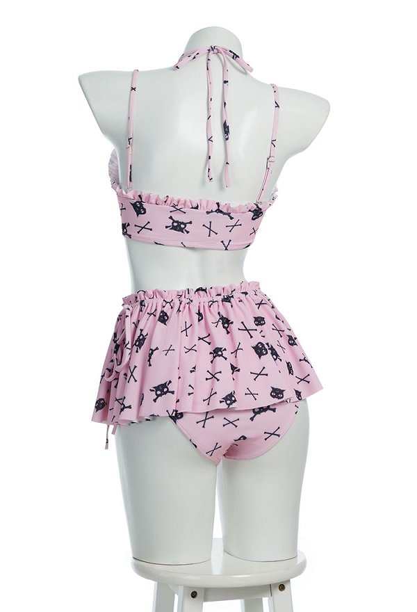 Gothic Pink Cat Skull Two Piece Swimsuit Halloween Neckholder Rosa Katze Bikini Badeanzug