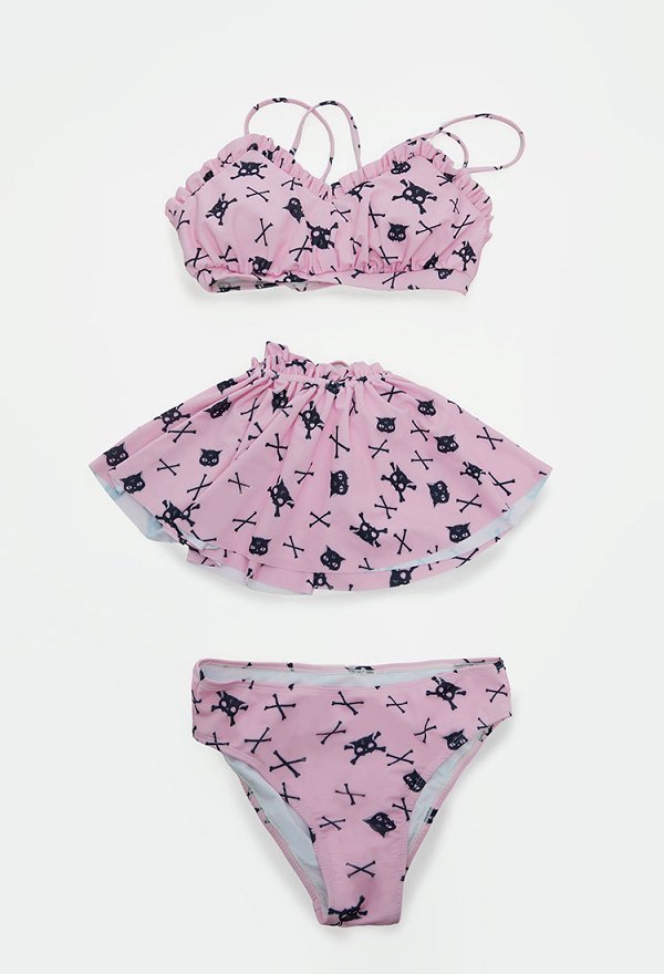 Gothic Pink Cat Skull Two Piece Swimsuit Halloween Neckholder Rosa Katze Bikini Badeanzug