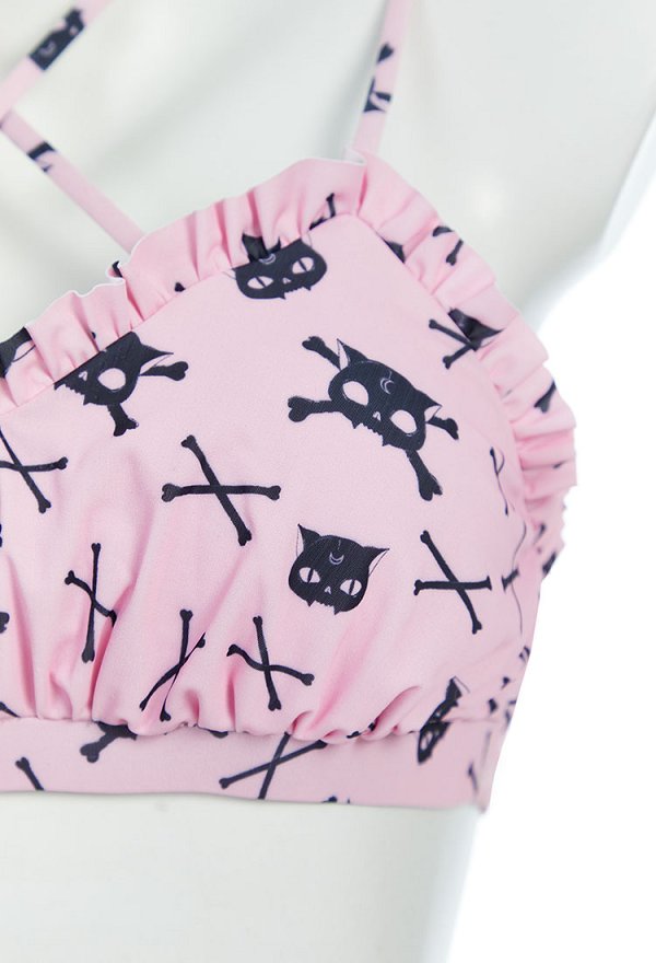 Gothic Pink Cat Skull Two Piece Swimsuit Halloween Neckholder Rosa Katze Bikini Badeanzug