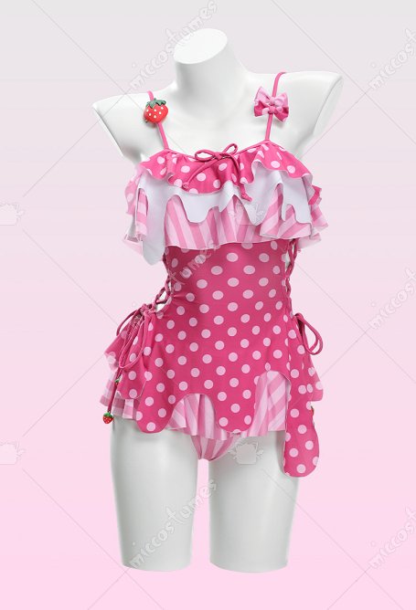 Maillot de Bain Combinaison Kawaii Fraise et Gâteau à la Crème Maillot de Bain Rétro Asymétrique à Nouer sur le Côté