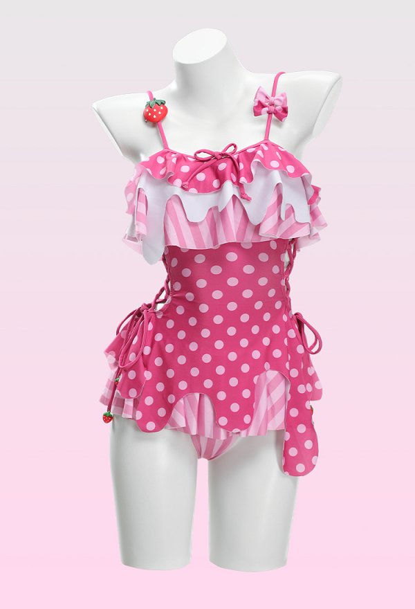 Bañador de Una Pieza Kawaii de Fresa y Crema con Diseño de Pastel Bañador Retro Irregular con Lazo Lateral Bañador de Una Pieza Kawaii de Fresa y Crema con Diseño de Pastel Bañador Retro Irregular con Lazo Lateral