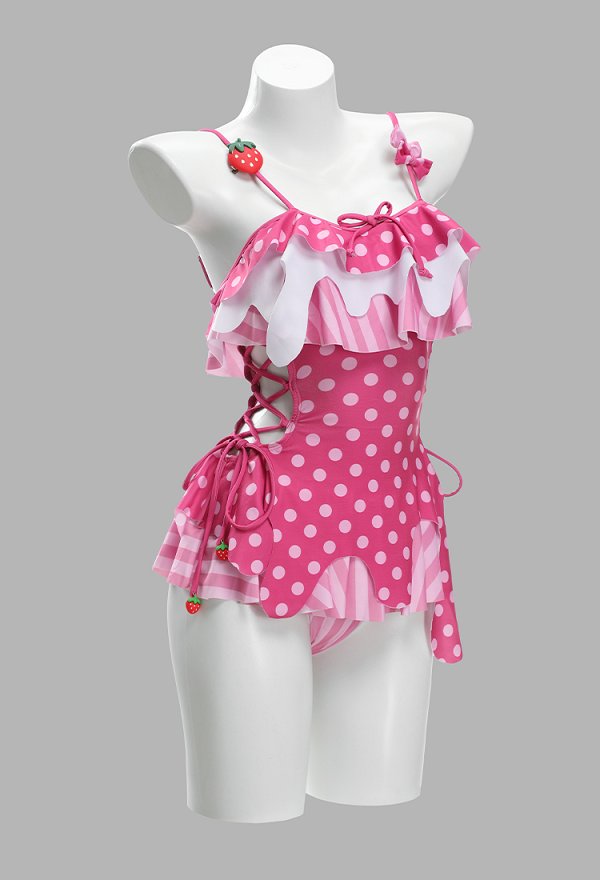 Bañador de Una Pieza Kawaii de Fresa y Crema con Diseño de Pastel Bañador Retro Irregular con Lazo Lateral Bañador de Una Pieza Kawaii de Fresa y Crema con Diseño de Pastel Bañador Retro Irregular con Lazo Lateral