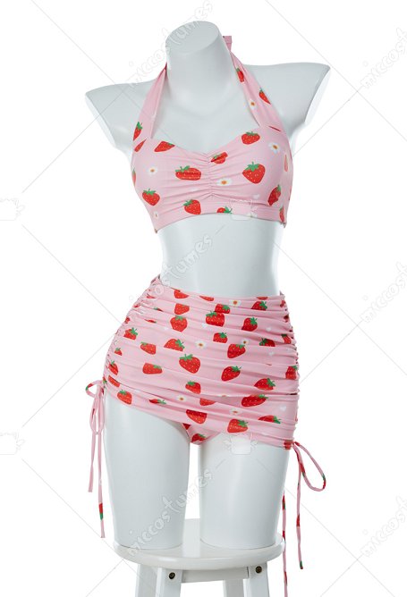 Traje de baño retro vintage fresa Halter cintura alta Bikini Conjunto de dos piezas Traje de baño