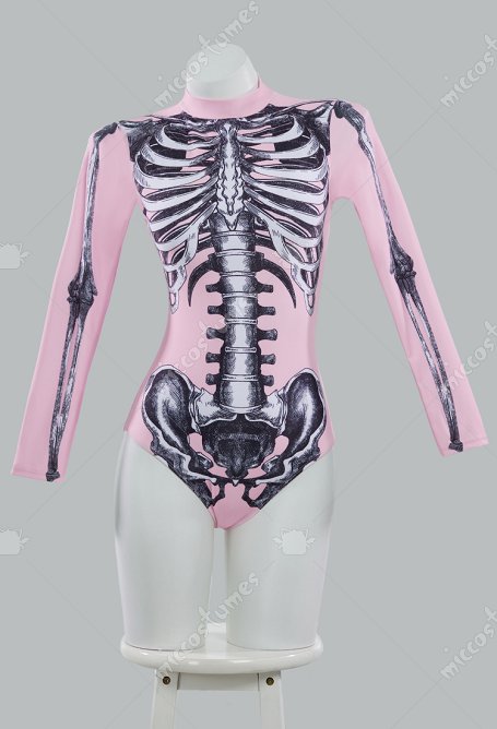 Traje de baño de manga larga gótico de Halloween Traje de baño de control de abdomen con estampado de esqueleto rosa