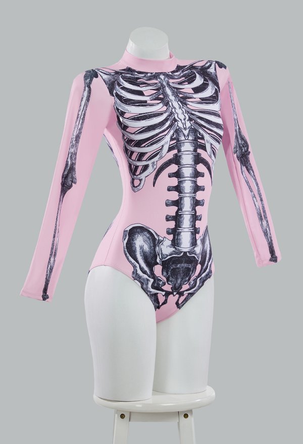 Traje de baño de manga larga gótico de Halloween Traje de baño de control de abdomen con estampado de esqueleto rosa