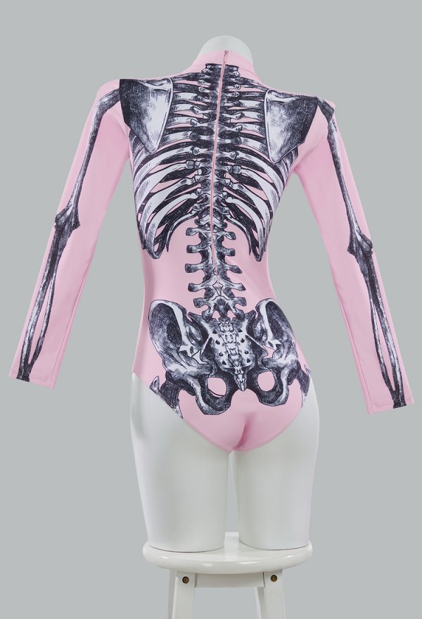 Traje de baño de manga larga gótico de Halloween Traje de baño de control de abdomen con estampado de esqueleto rosa