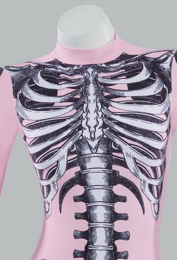 Traje de baño de manga larga gótico de Halloween Traje de baño de control de abdomen con estampado de esqueleto rosa