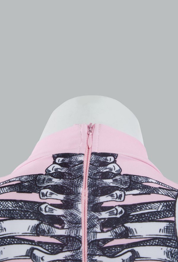 Traje de baño de manga larga gótico de Halloween Traje de baño de control de abdomen con estampado de esqueleto rosa