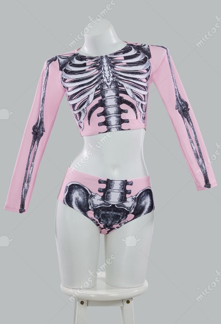 Halloween Gothic Pink Totenkopf Muster Two-Piece Swimsuit Badeanzug Langarm Oberteil Unterteil Bikini