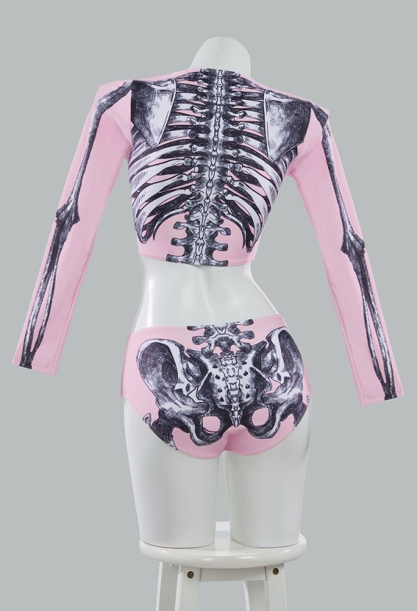 Halloween Gothic Pink Skull Pattern Traje de baño de dos piezas Manga larga Top Bottom Traje de baño Halloween Gothic Pink Skull Pattern Traje de baño de dos piezas Manga larga Top Bottom Traje de baño