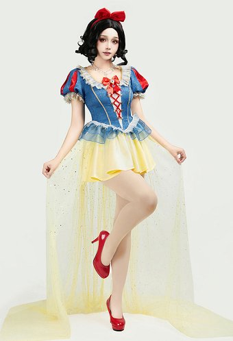 Halloween White Princess Costume for Women Blue Yellow Dress Set with Headband
