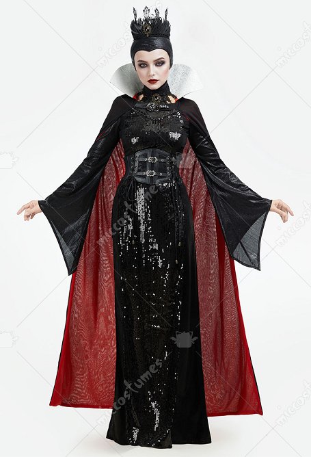 Halloween Queen Cosplay Costume Robe de sorcière noire avec cape et capuche