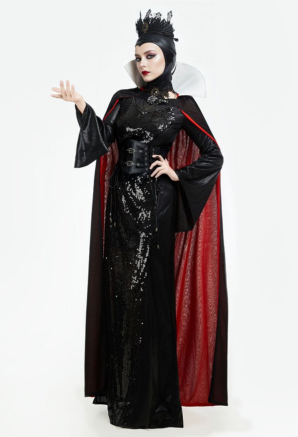 Halloween Reina Cosplay Disfraz de Bruja Negra con Capa con Capucha