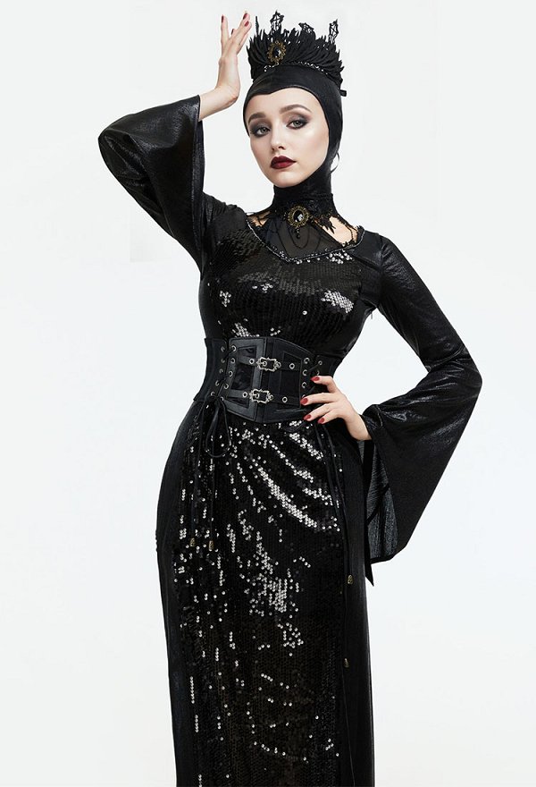 Halloween Reina Cosplay Disfraz de Bruja Negra con Capa con Capucha