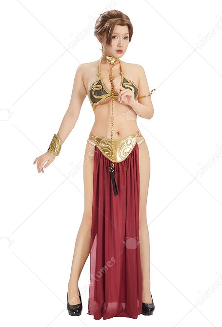 Disfraz de cosplay de la princesa Leia esclava de Star Wars Conjunto de bikini de esclava: sujetador y tanga con falda y gargantilla