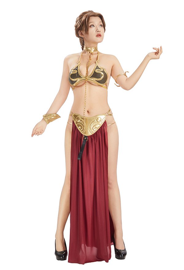 Disfraz de cosplay de la princesa Leia esclava de Star Wars Conjunto de bikini de esclava: sujetador y tanga con falda y gargantilla