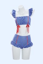 Retro azul y blanco Traje de baño de dos piezas con correa de ruffles en la parte superior y inferior